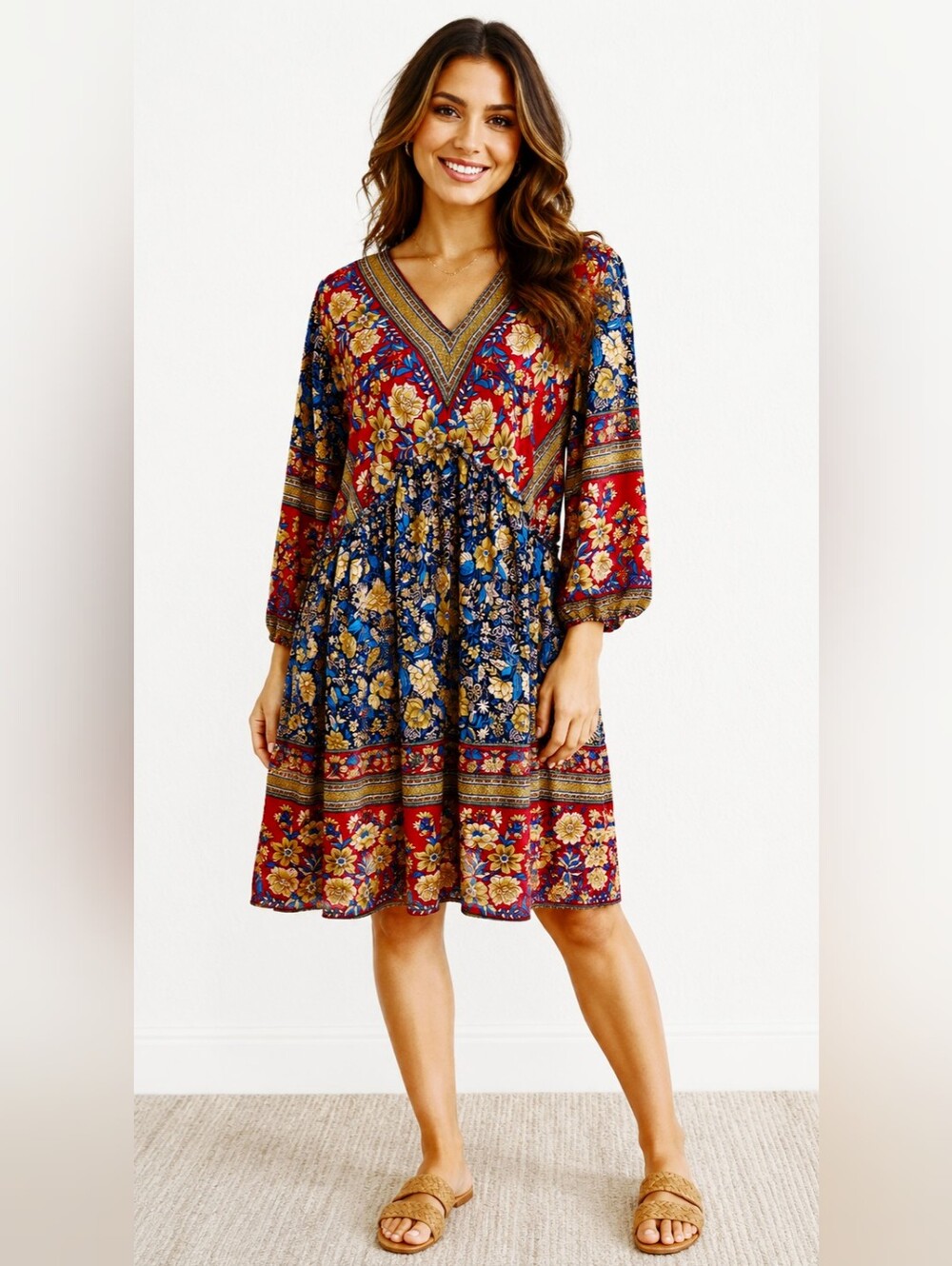 BTFBM Red & Blue Floral V-Neck Boho Dress , Size XL